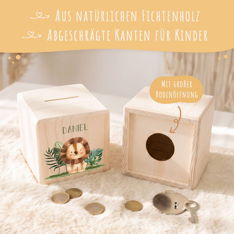 Spardose aus Holz - Safari Tiere