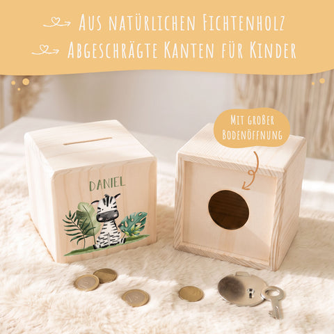 Spardose aus Holz - Safari Tiere