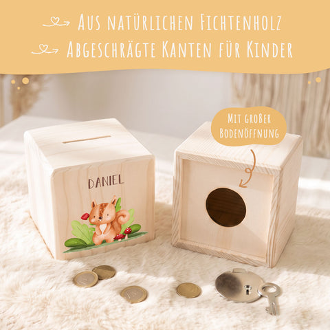 Spardose aus Holz - Waldtiere
