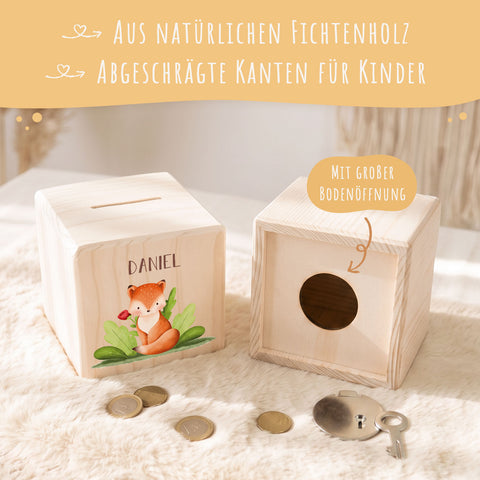 Spardose aus Holz - Waldtiere