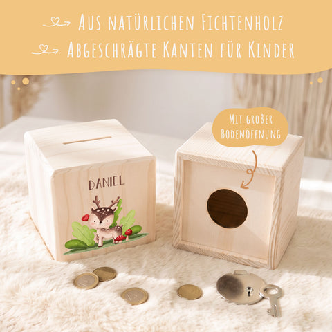Spardose aus Holz - Waldtiere
