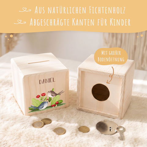 Spardose aus Holz - Waldtiere