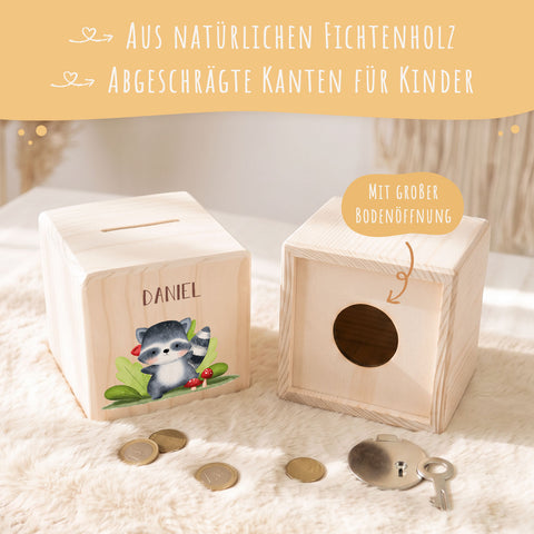 Spardose aus Holz - Waldtiere