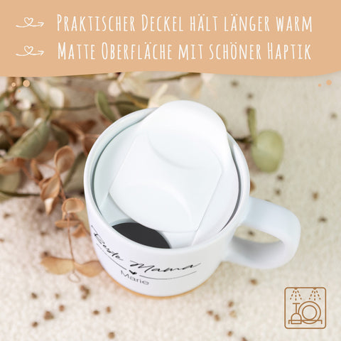 Bedruckte Tasse mit Korksockel & Deckel - Wunschtext V1
