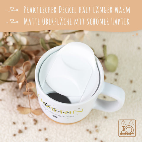 Bedruckte Tasse mit Korksockel & Deckel - Wunschtext V2