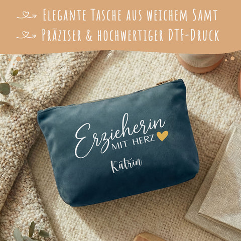 Personalisierte Samt Kosmetiktasche - Erzieherin mit Herz