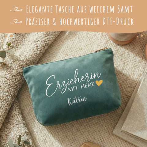 Personalisierte Samt Kosmetiktasche - Erzieherin mit Herz
