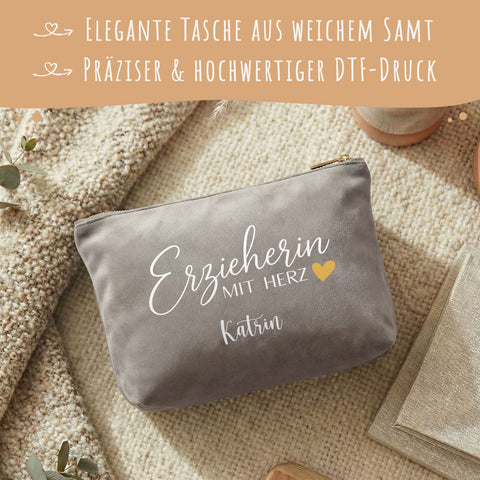 Personalisierte Samt Kosmetiktasche - Erzieherin mit Herz
