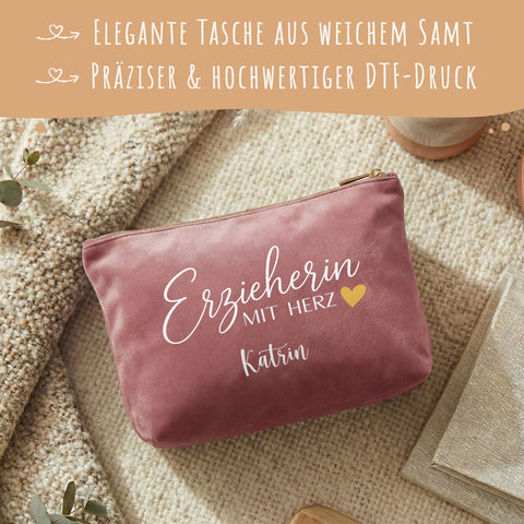 Personalisierte Samt Kosmetiktasche - Erzieherin mit Herz