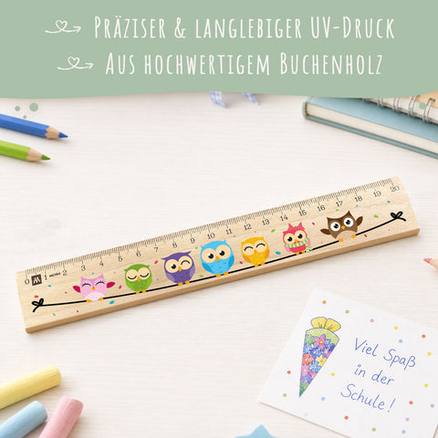 Lineal zur Einschulung im Eulen Design für Kinder aus Holz