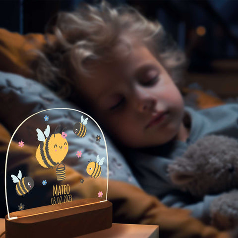 Kinder LED Nachtlicht mit Sockel aus Holz im Biene Design