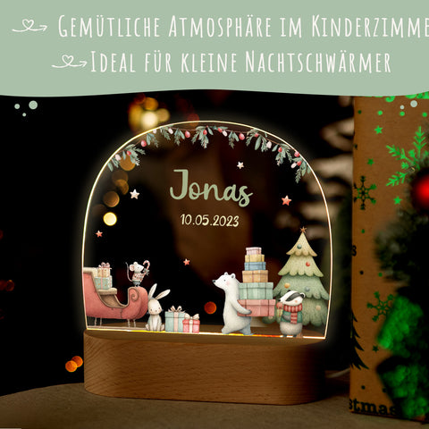 Kinder LED Nachtlicht mit Sockel aus Holz - "Eisbär Schlitten"