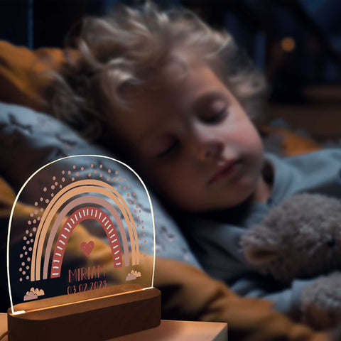 Kinder LED Nachtlicht mit Sockel aus Holz im Regenbogen Design