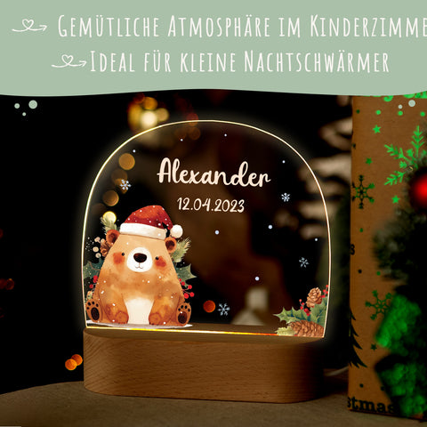Kinder LED Nachtlicht mit Sockel aus Holz - "Weihnachtstiere"