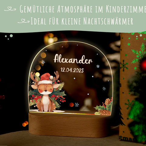 Kinder LED Nachtlicht mit Sockel aus Holz - "Weihnachtstiere"