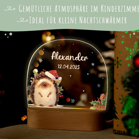 Kinder LED Nachtlicht mit Sockel aus Holz - "Weihnachtstiere"