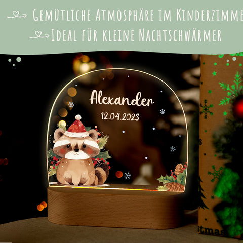 Kinder LED Nachtlicht mit Sockel aus Holz - "Weihnachtstiere"