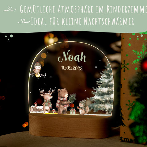 Kinder LED Nachtlicht mit Sockel aus Holz - "Weihnachtswald"