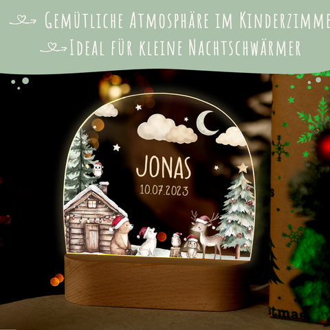 Kinder LED Nachtlicht mit Sockel aus Holz - "Winterhütte"