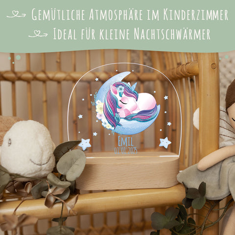 Kinder LED Nachtlicht mit Sockel aus Holz - "Mond Tiere" GRAVURZEILE – Bild 5