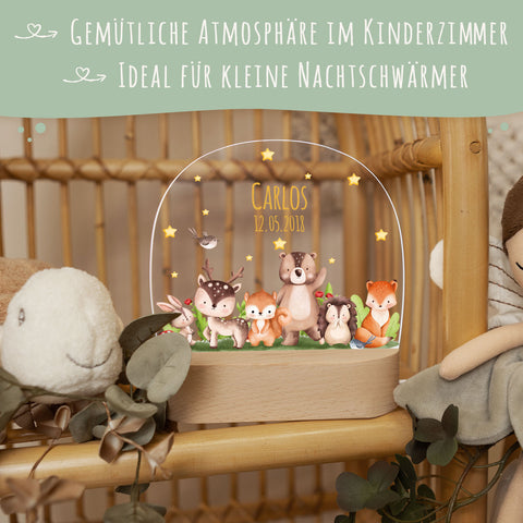 Kinder LED Nachtlicht mit Sockel aus Holz - "Tiergruppe Waldtiere" GRAVURZEILE – Bild 3