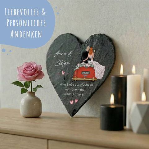 Bedrucktes Schieferherz - Hochzeitsauto - Personalisiertes Geschenk