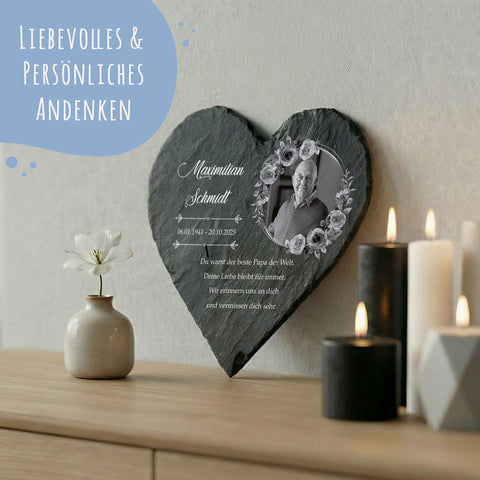 Bedrucktes Schieferherz - In Gedenken V1 - Personalisiertes Geschenk