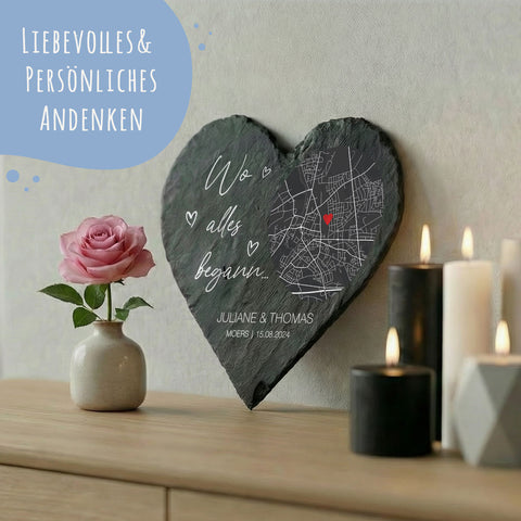Bedrucktes Schieferherz - Wo alles begann - Personalisiertes Geschenk