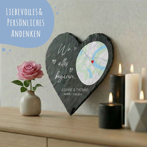 Bedrucktes Schieferherz - Wo alles begann - Personalisiertes Geschenk