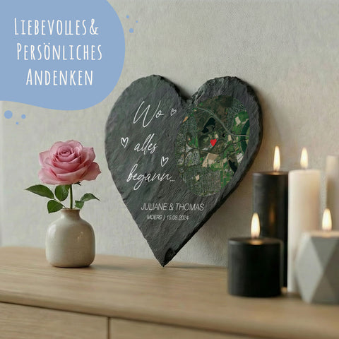 Bedrucktes Schieferherz - Wo alles begann - Personalisiertes Geschenk