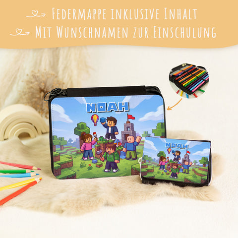 Schulset für Kinder - Blockhelden - Schultüte, Federmappe, Sportbeutel, Geldbörse, Brotdose, Trinkflasche, Lineal & Radiergummi - Personalisiert mit Name