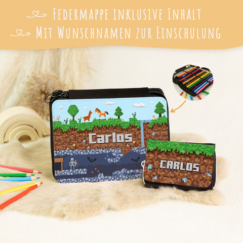 Schulset für Kinder - Pixelerde - Schultüte, Federmappe, Sportbeutel, Geldbörse, Brotdose, Trinkflasche, Lineal & Radiergummi - Personalisiert mit Name (Kopie) (Kopie)