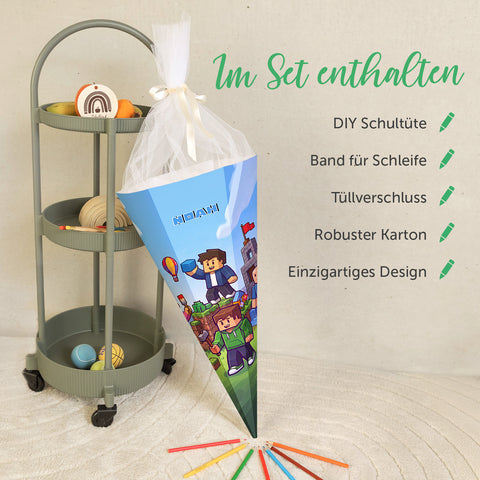 Bedruckte Schultüte mit Namen - Blockhelden