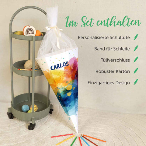 Bedruckte Schultüte mit Namen - Color Splash