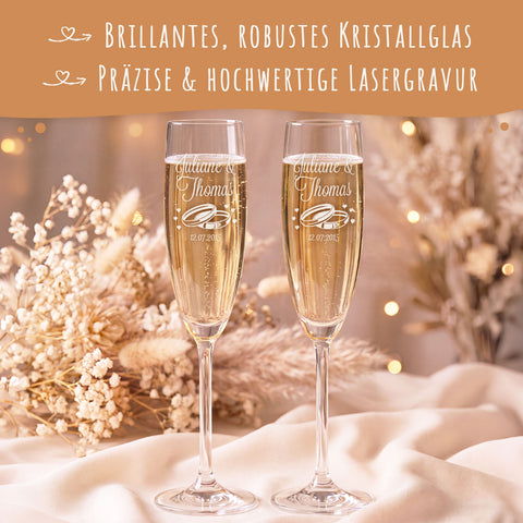 Leonardo Sektgläser mit Gravur als Set - "Flower Wedding" Design inkl. bedruckter Holzkiste