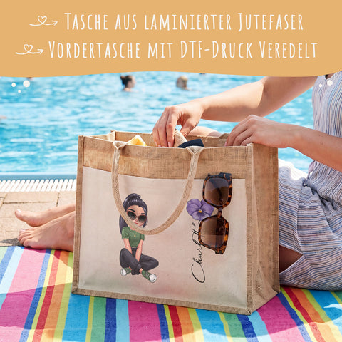 Personalisierte Strandtasche - Blumen - Jute-Tasche mit Name und Figur