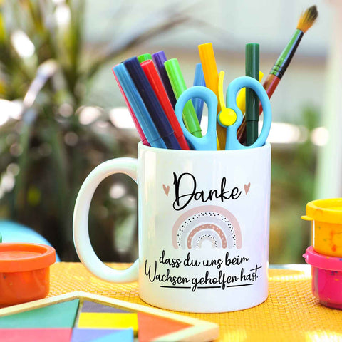 Bedruckte Tasse mit Spruch - "Danke dass du uns beim Wachsen geholfen hast" V2