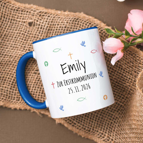 Bedruckte Tasse mit Motiv - Zur Erstkommunion & Konfirmation - Personalisiert mit Name & Datum