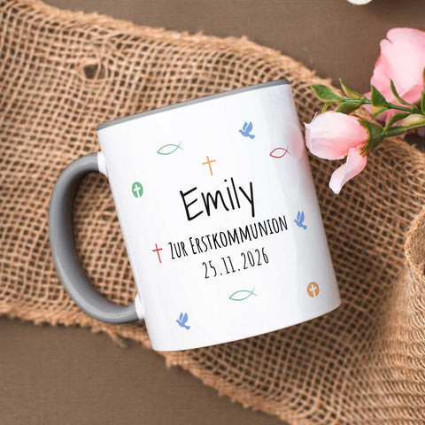 Bedruckte Tasse mit Motiv - Zur Erstkommunion & Konfirmation - Personalisiert mit Name & Datum