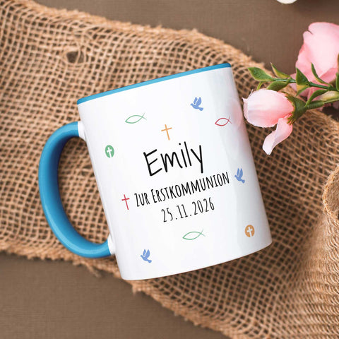 Bedruckte Tasse mit Motiv - Zur Erstkommunion & Konfirmation - Personalisiert mit Name & Datum