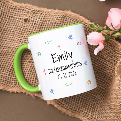 Bedruckte Tasse mit Motiv - Zur Erstkommunion & Konfirmation - Personalisiert mit Name & Datum