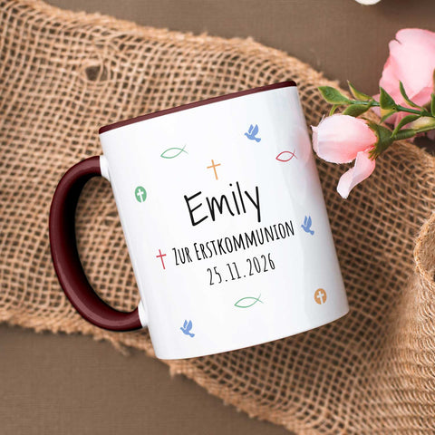 Bedruckte Tasse mit Motiv - Zur Erstkommunion & Konfirmation - Personalisiert mit Name & Datum