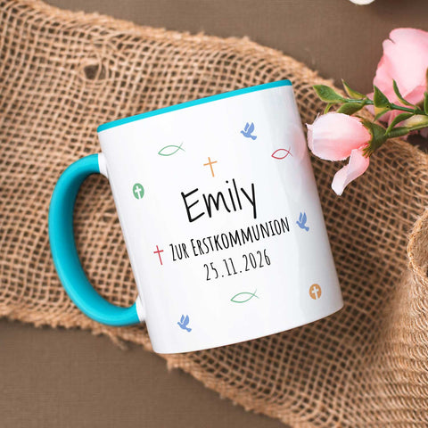 Bedruckte Tasse mit Motiv - Zur Erstkommunion & Konfirmation - Personalisiert mit Name & Datum