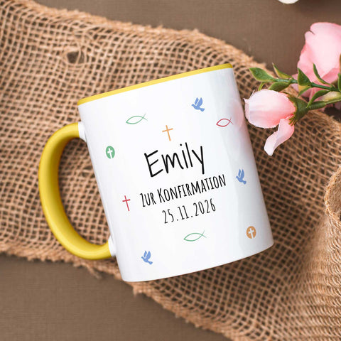 Bedruckte Tasse mit Motiv - Zur Erstkommunion & Konfirmation - Personalisiert mit Name & Datum
