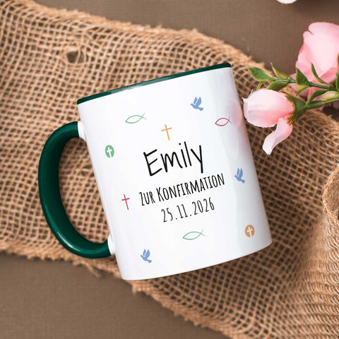 Bedruckte Tasse mit Motiv - Zur Erstkommunion & Konfirmation - Personalisiert mit Name & Datum