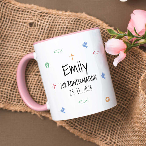 Bedruckte Tasse mit Motiv - Zur Erstkommunion & Konfirmation - Personalisiert mit Name & Datum