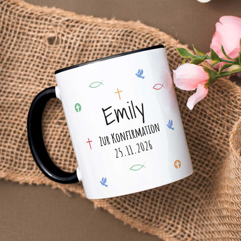 Bedruckte Tasse mit Motiv - Zur Erstkommunion & Konfirmation - Personalisiert mit Name & Datum