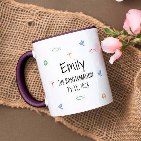 Bedruckte Tasse mit Motiv - Zur Erstkommunion & Konfirmation - Personalisiert mit Name & Datum