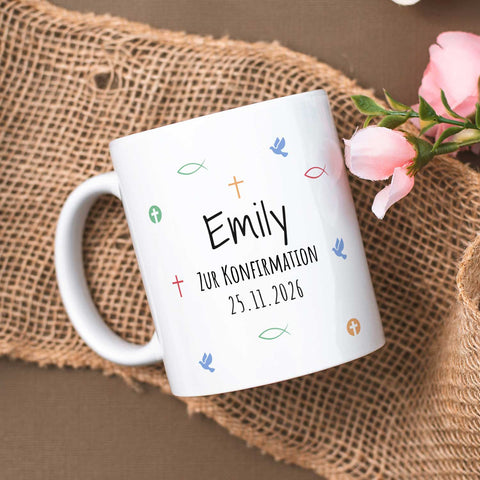Bedruckte Tasse mit Motiv - Zur Erstkommunion & Konfirmation - Personalisiert mit Name & Datum