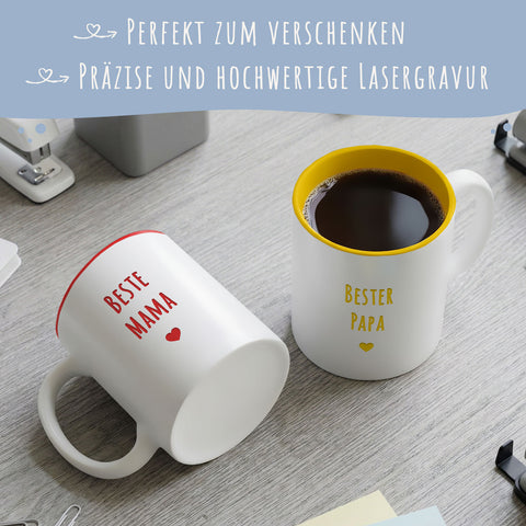 Weiße personalisierte Tassen mit farbiger Lasergravur als Geschenk
